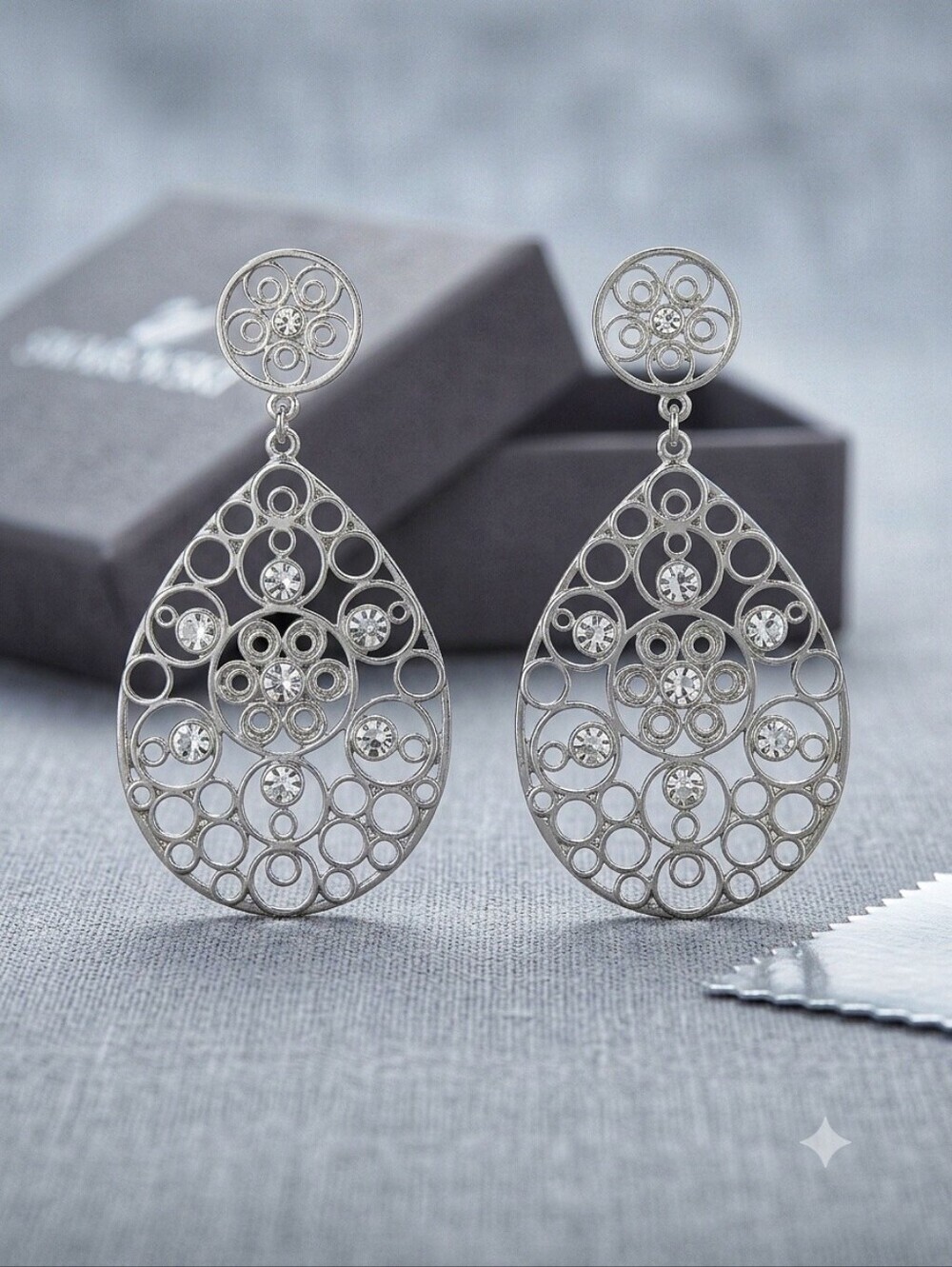 Silver Filigree Teardrop Dangle Earrings with Sparkle - Picture 3 of 16